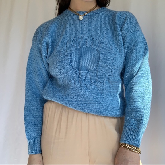 Vintage Sky Blue Subtle Sunflower Chunky Sweater M - Picture 3 of 5